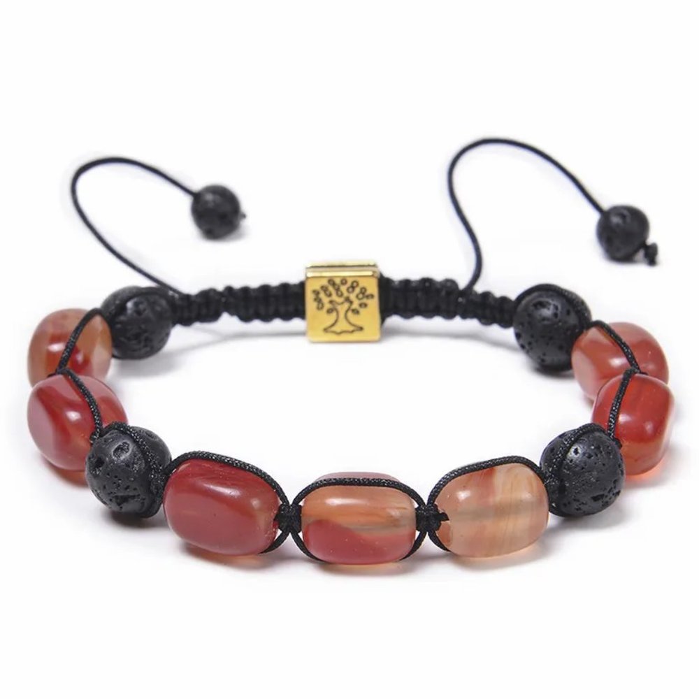 Unisex Red Agate Stone & Black Lava Rock Beaded Adjustable Braided Rope Bracelet